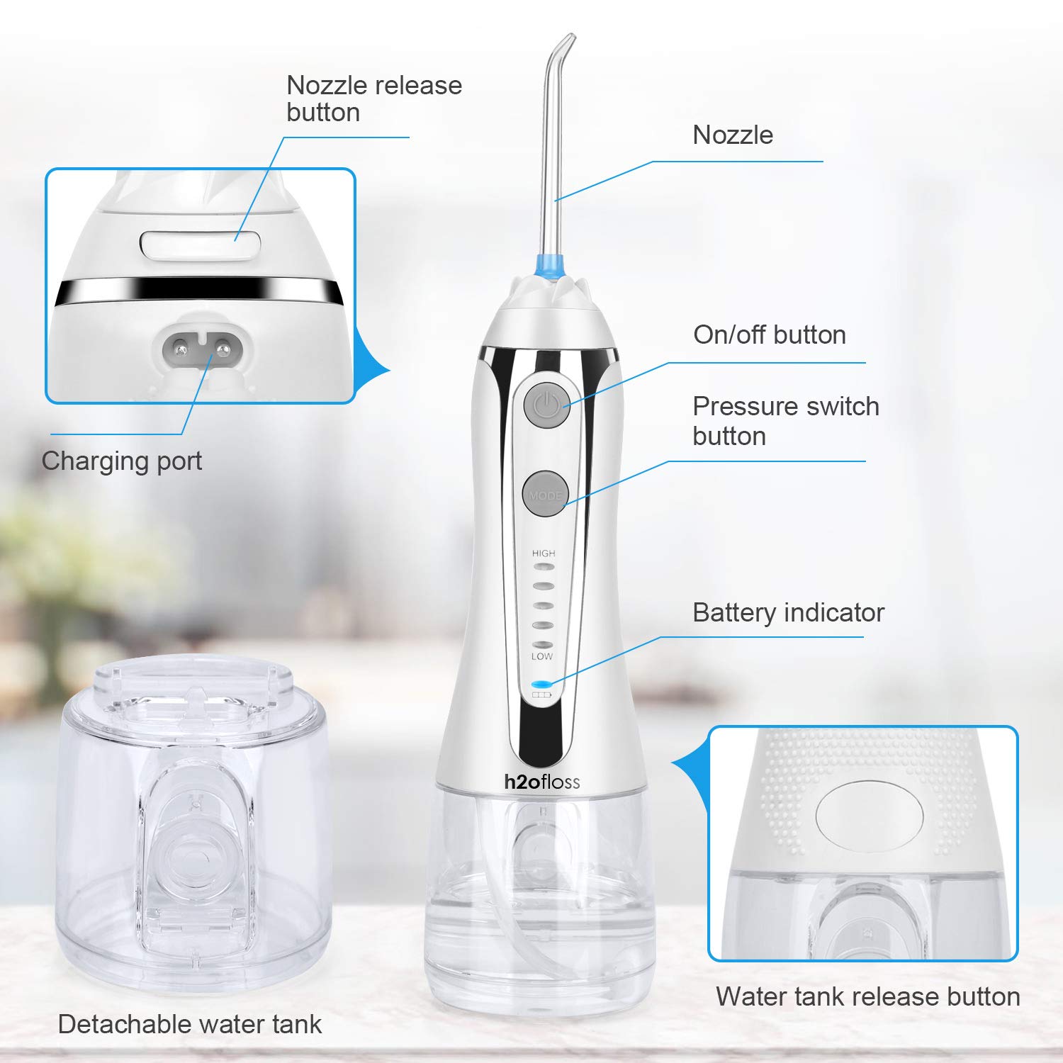 H2ofloss (white) - H2ofloss Cordless Water Flosser with 30 Days